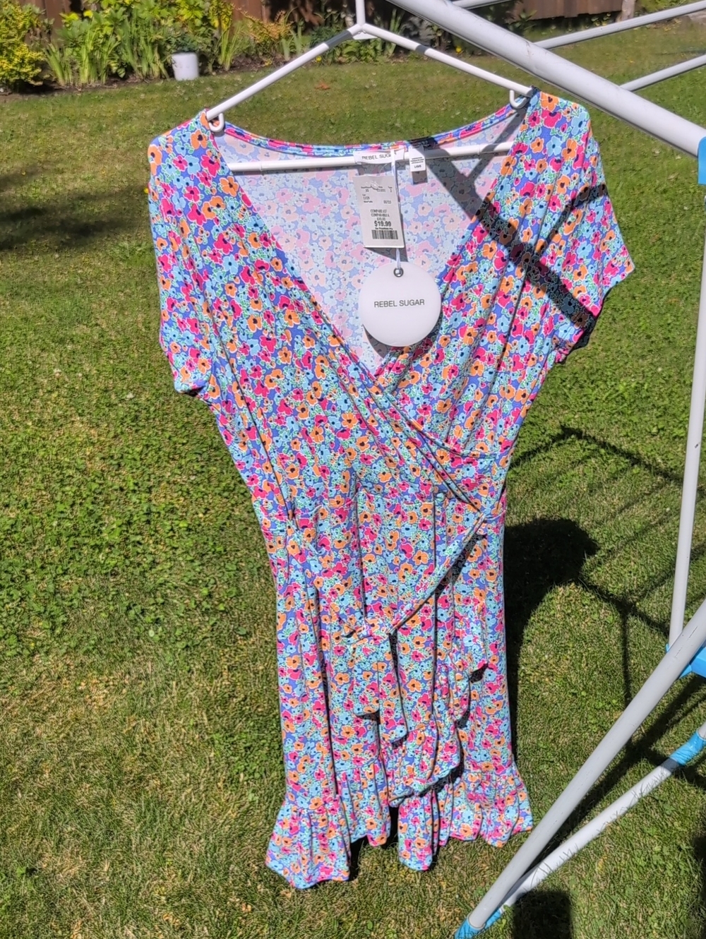 Rebel Sugar Pink and Blue Floral Wrap Dress L
